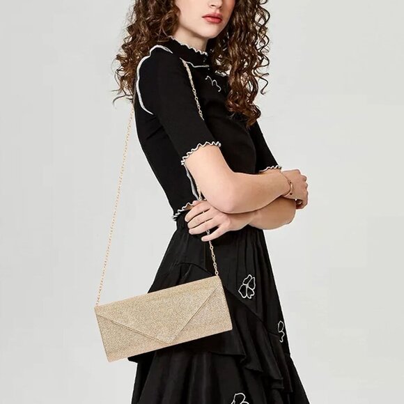 🆕Women Gold Clutch Purses Sparkling Envelope Evening Bag with Detachable Chain - Picture 2 of 7